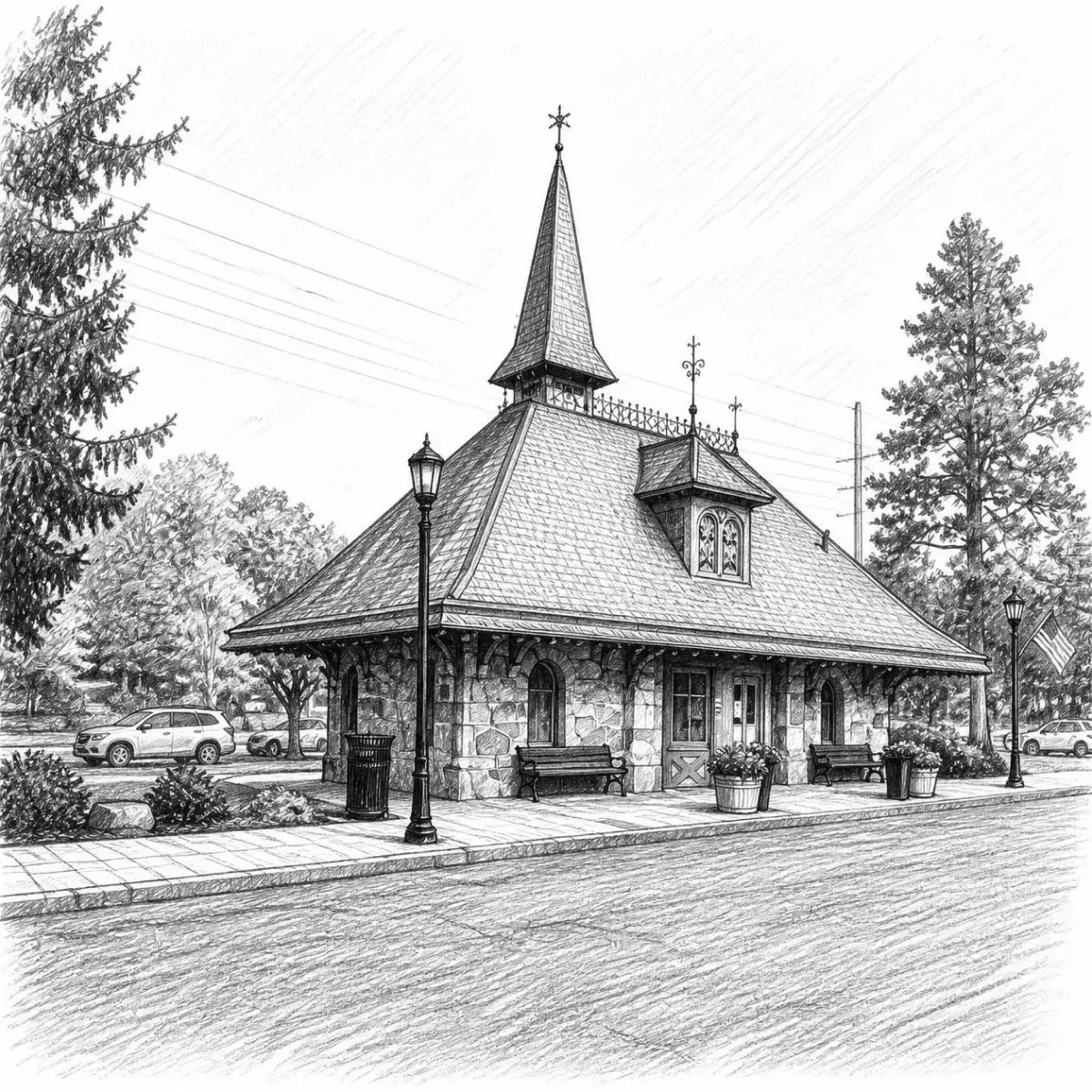 Pencil sketch of the historic Demarest train station